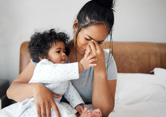 Mother, baby and stress with headache, burnout and postpartum depression as parenting in home....