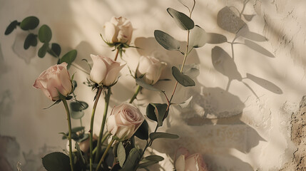 Bouquet of Soft Pink Roses and Eucalyptus in Gentle Light