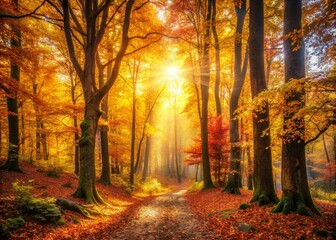 Fototapeta premium Vintage Autumnal Forest Landscape with Magical Fall Atmosphere, Capturing the Essence of Nature's Beauty in a Realistic Yet Enchanting Style