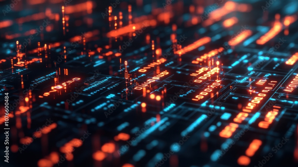 Poster futuristic code matrix with glowing symbols, binary code, and abstract digital shapes forming a comp
