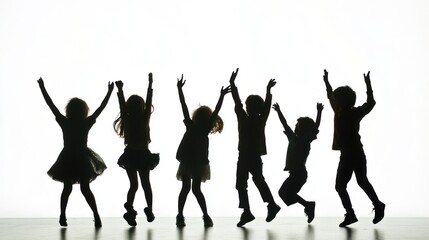 Fototapeta premium Silhouette of a group of children joyfully playing together, with arms raised in the air, against a bright