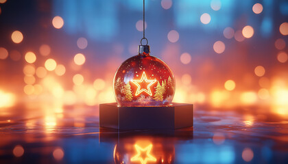 Vibrant Christmas ornament with illuminated star and trees, set against a colorful bokeh background for a festive holiday vibe