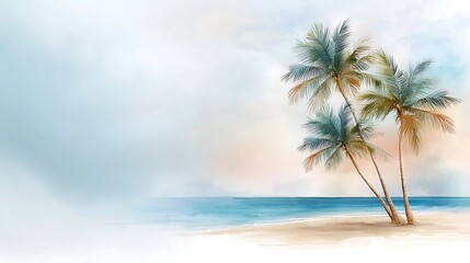 Obraz premium The watercolor palm trees on beach illustration features a serene tropical scene with tall, swaying palm trees lining a sandy shore, set against a backdrop of crystal clear blue waters and a soft