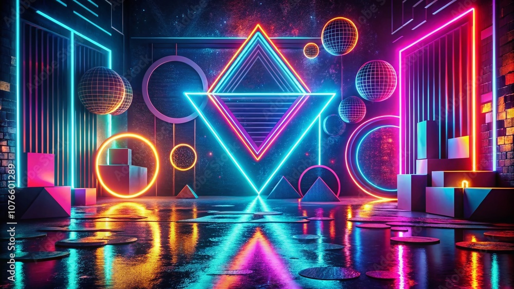 Poster vintage neon abstract design with colorful shapes and atmospheric lighting in a retro style for uniq