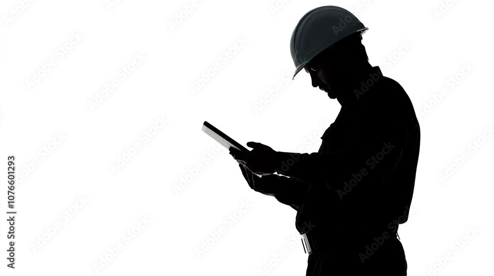 Poster silhouette of an engineer inspecting a construction site model with tools in hand, set against a whi