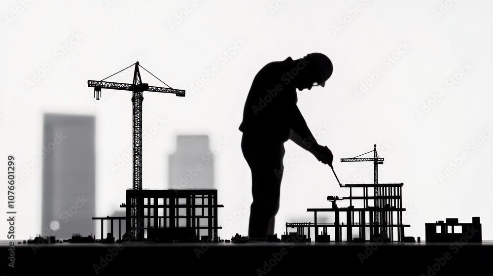 Poster silhouette of an engineer inspecting a construction site model with tools in hand, set against a whi