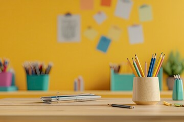 activity teacher mockup for kindergarten with wooden desk background and pencils with generative ai