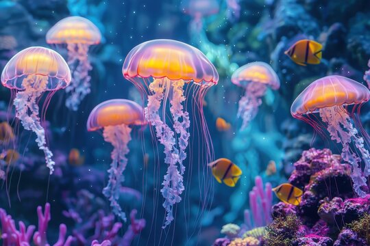 A surreal underwater scene with luminous jellyfish drifting amidst colorful coral reefs and schools of fish, creating an otherworldly, dreamlike aquatic environment.