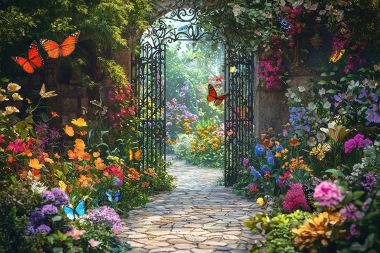 A whimsical garden with vibrant flowers, colorful butterflies, and a cobblestone path leading to an ornate wrought iron gate, suggesting an enchanting dreamscape beyond.