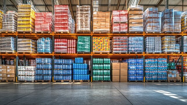 A warehouse with rows of pallets stacked high with canned goods.