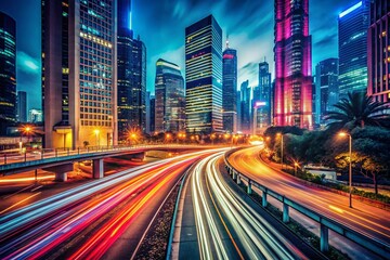 Obraz premium Vintage Style Futuristic Cityscape with Neon Light Trails on Highway Capturing Dynamic Energy and Urban Vibes in a Retro Aesthetic, Perfect for Science Fiction and Cyberpunk Themes