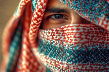 Close-up of a Man's Eye Partially Covered by a Red and Blue Scarf