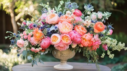 Vibrant Floral Arrangement with Peonies, Roses, and Seasonal Flowers in a Vintage Vase Surrounded by Natural Greenery and Soft Light