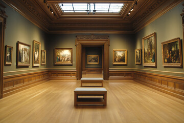 interior of the renaissance museum hall with paintings 