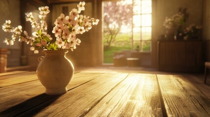 Fototapeta premium Serene Interior with Blossom Vase on Wooden Table Bathed in Warm Light, Fragrant Flowers in Sunny Room Overlooking Lush Green Garden and Blossoming Trees