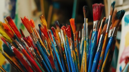 Obraz premium A Vibrant Assortment of Paintbrushes Standing Tall in an Art Studio, Showcasing a Rainbow of Colors for Creative Inspiration and Artistic Expression