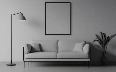 A modern living room in a monochromatic black, white, and gray color palette, captured in a high-detail 3D render. 