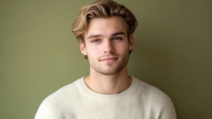 świąteczny portret, młody mężczyzna, blond włosy, kremowy sweter, oliwkowe tło, świąteczna atmosfera, minimalistyczne tło, ciepły uśmiech, naturalna uroda, europejska uroda, casualowy styl, subtelne k