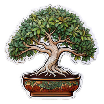 recommend clip art: Banyan tree bonsai in pot sticker with white outline, intricate design