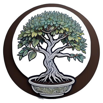 bonsai tree in pot, green leaves, white background clip art preview
