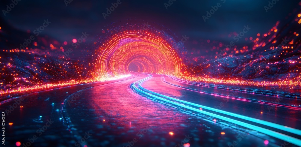 Poster a futuristic digital tech stage with a horizontal tech screen and artwork for a game interface is sh