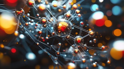 A 3D render of a molecule, representing science, industry, and research and development. The molecular structure is depicted with interconnected atoms and bonds