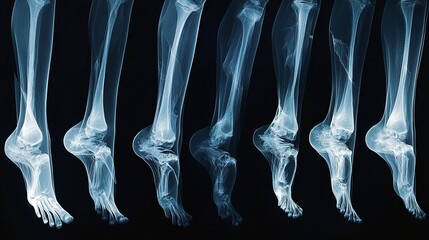 X-ray images of legs and heels showing a heel fracture caused by an accident. The side view highlights the injury, with a blue tone contrasting against a black background.
