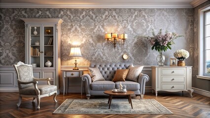 Vintage Style Photography of Gray and White Wallpaper in a Cozy Living Space with Decorative Elements and Soft Lighting for Aesthetic Home Decor Inspiration