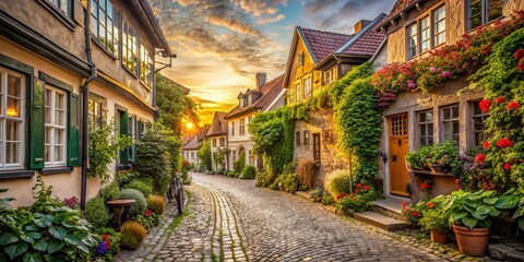 Fototapeta premium Vintage Style Photography of Mariaberget: Capturing the Charm of an Old Town with Cobblestone Streets, Historic Buildings, and Lush Greenery in Soft Natural Light