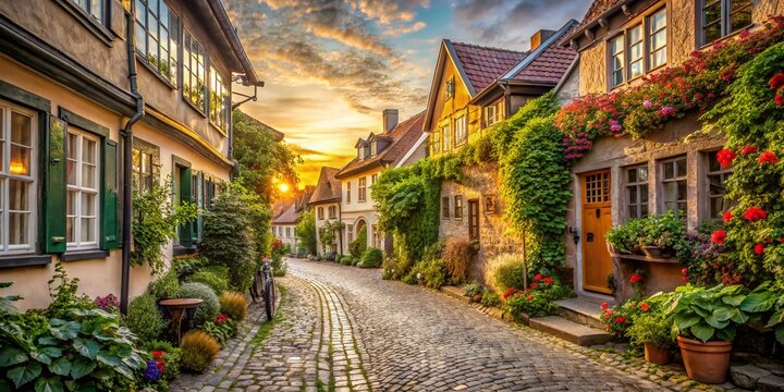 Vintage Style Photography of Mariaberget: Capturing the Charm of an Old Town with Cobblestone Streets, Historic Buildings, and Lush Greenery in Soft Natural Light