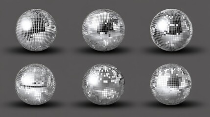 A realistic collection of shiny mirror disco balls, featuring different sizes and reflections. The disco balls have a detailed, sparkling surface, perfect for creating a lively party atmosphere.