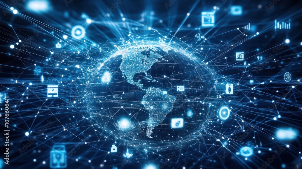 Poster a digital representation of the earth surrounded by a network of devices connected by lines and symb