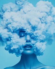 A blue woman made of clouds, set against a blue background, in the style of hyper-realistic photography.