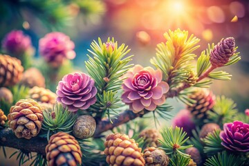 Obraz premium Vintage Style Photography of Slow Motion Video Capturing Young Pine Cones and Spring Pine Blossoms, Showcasing Nature's Beauty and Delicate Details in a Serene Setting