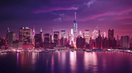 Obraz premium New York City skyline with purple synthwave lighting, reflective water