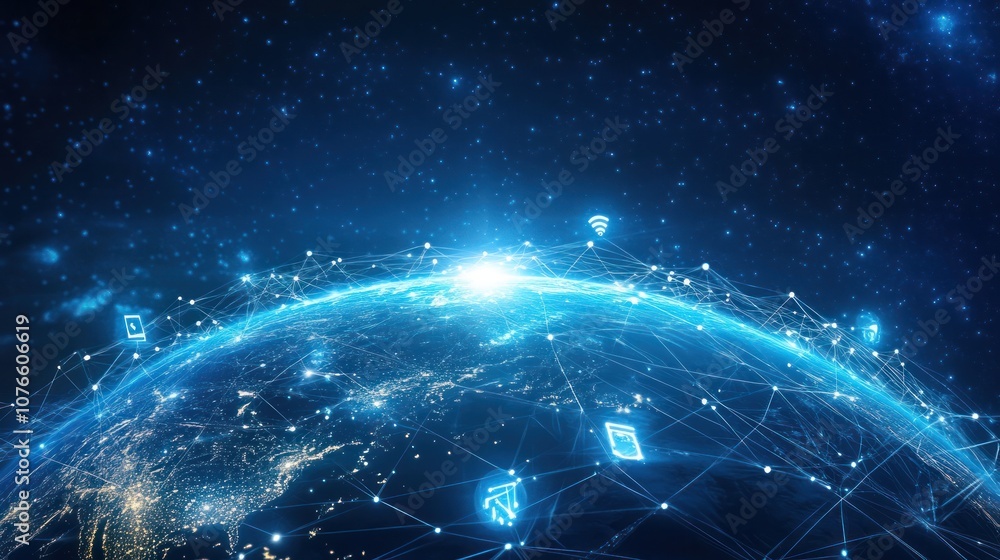 Poster a digital representation of the earth surrounded by a network of devices connected by lines and symb