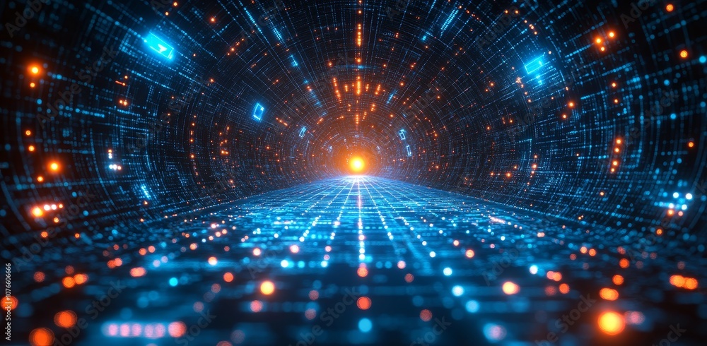 Poster a glowing optic geometry planar mesh pattern is used as a concept background for a futuristic digita