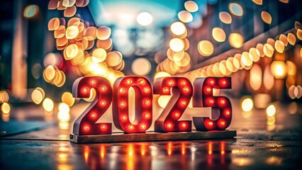 Vintage Style Photography of the Year 2025 Illuminated in Red with a Nostalgic Atmosphere and Soft Focus, Perfect for Celebrating Milestones and Future Events