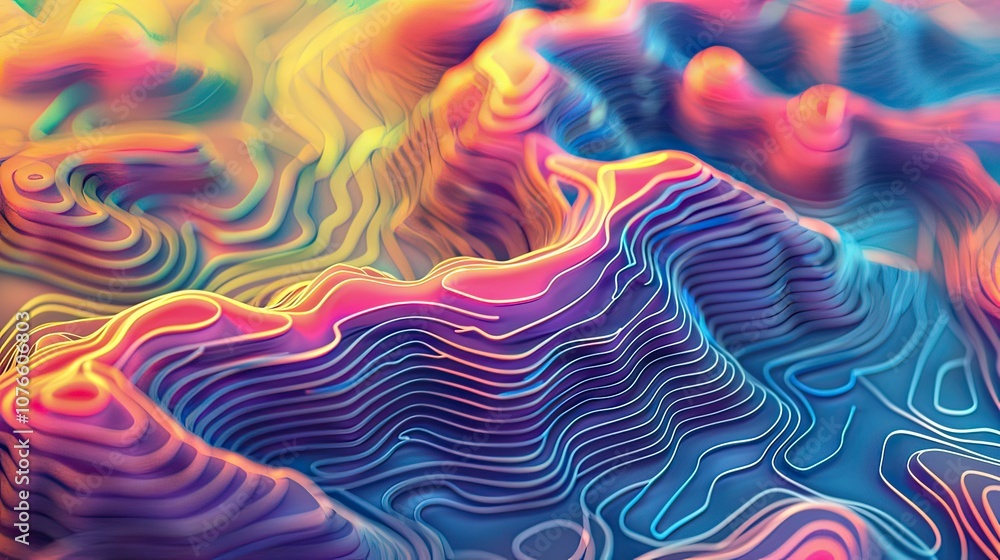 Poster a 3d-rendered topographic map with stylized elevation lines and vibrant color gradients.