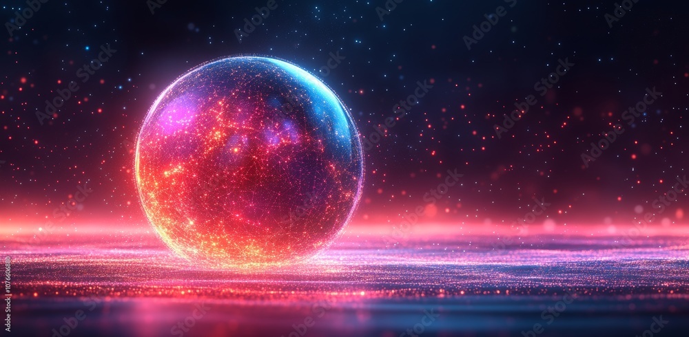 Aufkleber a depiction of the future of digital communication with glowing globes and waves and wireframes. con
