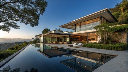 Stunning Double Exposure of a Modern Luxury Home with Pool Surrounded by Lush Landscape and Clear Blue Sky