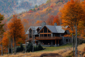Scenic Mountain House in Autumn Landscape with Vibrant Fall Foliage