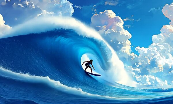 A lone surfer rides a giant wave against a backdrop of fluffy white clouds in a blue sky.