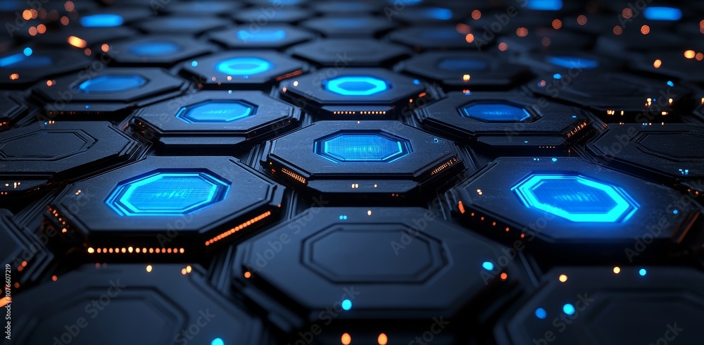 Poster with hexagonal networks, glowing points, and circuit curve pathways, this futuristic digital technol