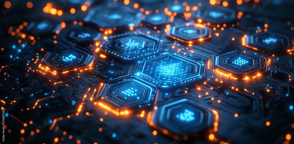 Poster the background depicts a hexagonal network with glowing circuit curves and glowing points.