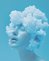 A blue woman made of clouds, set against a blue background, in the style of hyper-realistic photography.