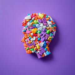 A minimalistic graphic of an isometric head made from plastic toys, filled with colorful objects on a purple background, with copy space, flat lay.