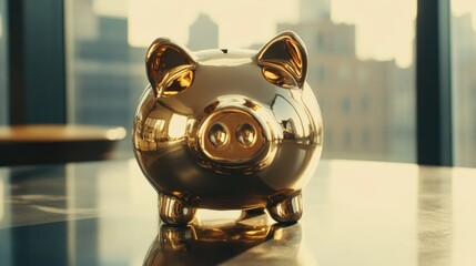 Fototapeta premium Glimmering Golden Piggy Bank on a Table with Urban View, Symbolizing Savings, Finance, and Prosperity in a Modern Setting, Ideal for Money Management Themes