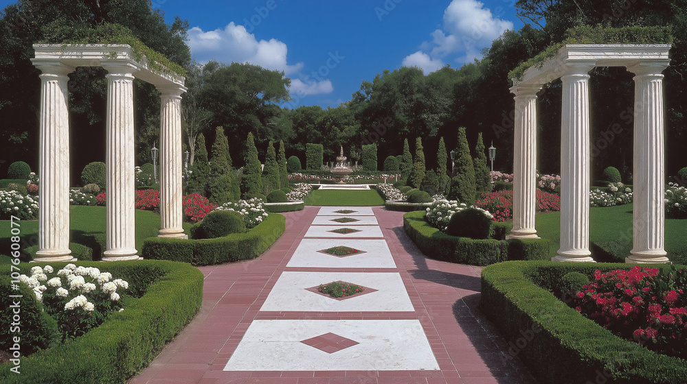 Poster Formal Garden Path Lined with Marble Columns and Topiary