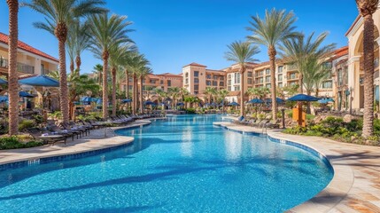 Tranquil Resort Pool Surrounded by Lush Palm Trees and Sunny Skies, Perfect for Relaxation and Leisure at a Luxurious Vacation Destination